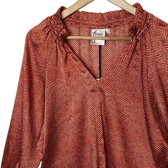 Finley Candace Satin Popover Peasant Blouse in Brick Herringbone, size XS - Picture 2 of 4